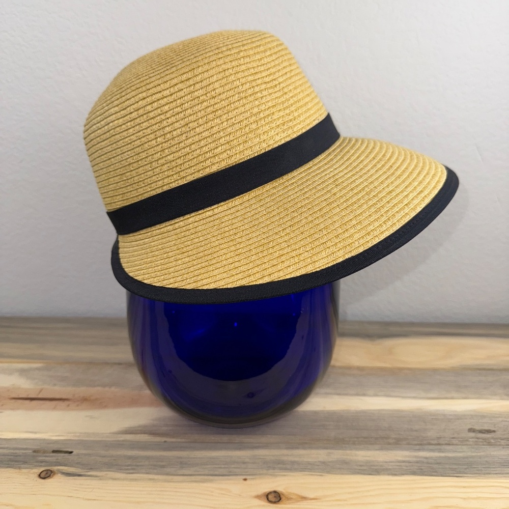 Lands' End Face Saver Lay-Back Straw Hat Natural with Black Trim Size L/XL - Picture 2 of 11